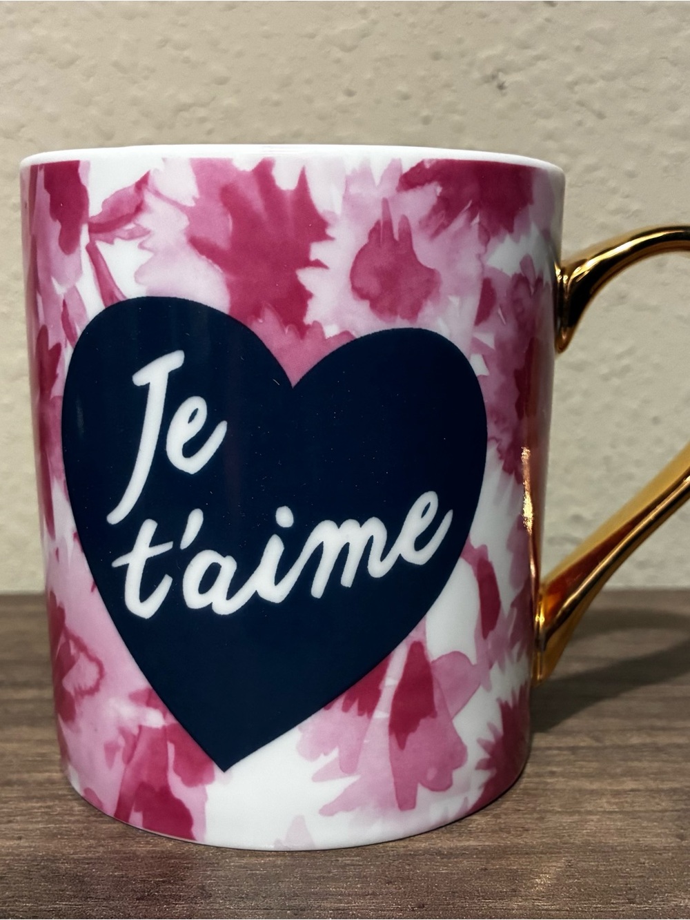 Ciroa With Love Je t'aime Porcelain Coffee Mug 14 Fl Oz Gold Handle Heart Floral